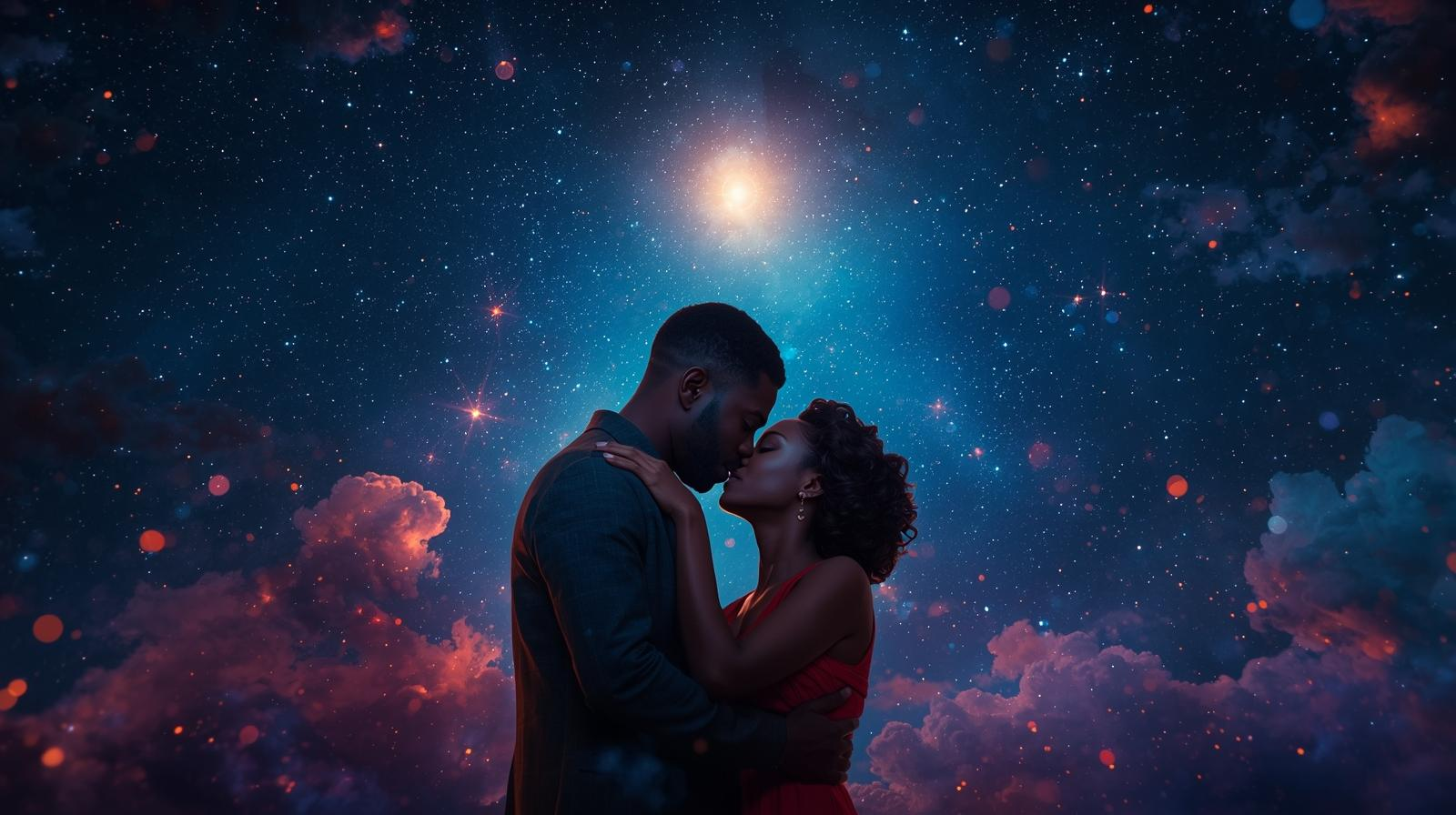 A pair of lovers kissing beneath a star lit sky