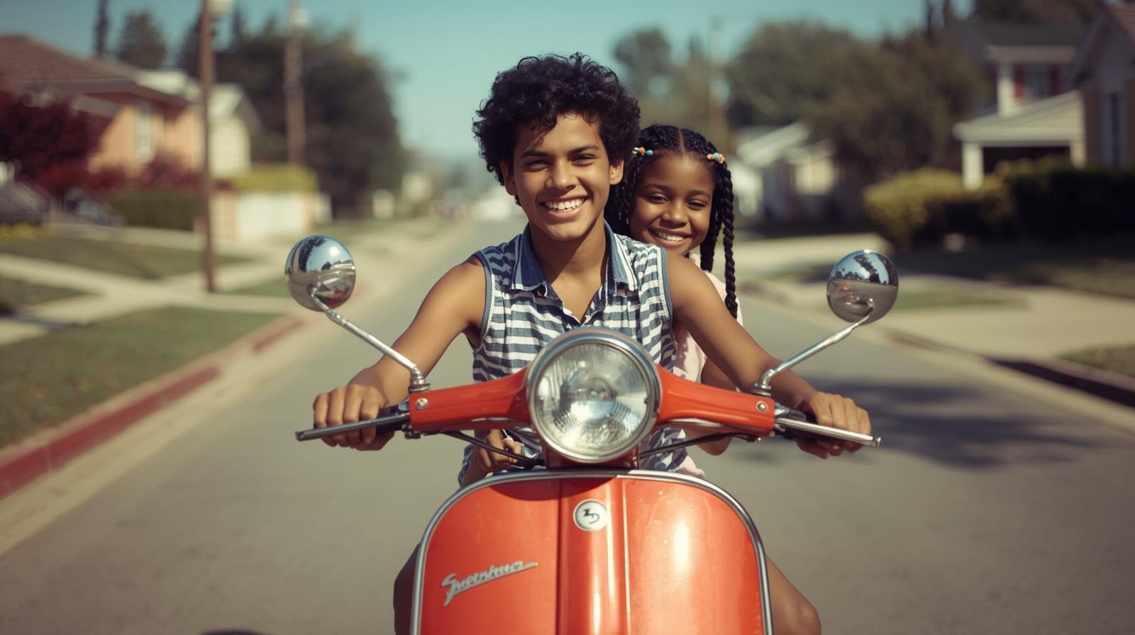 A boy giving a girl a ride on his red Honda Spree