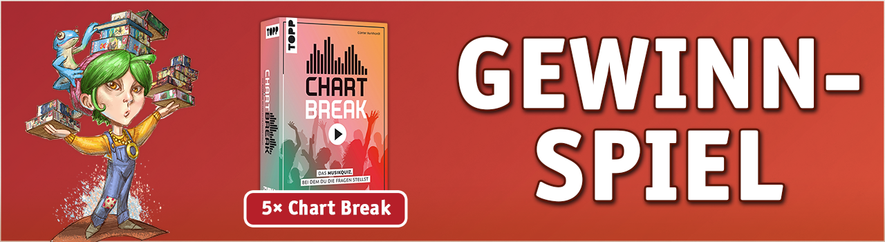 Abbildung des Ringbote-Maskottchens mit dem Spiel Chart Break und den Texten "Gewinnspiel" und "5 Chart Break"