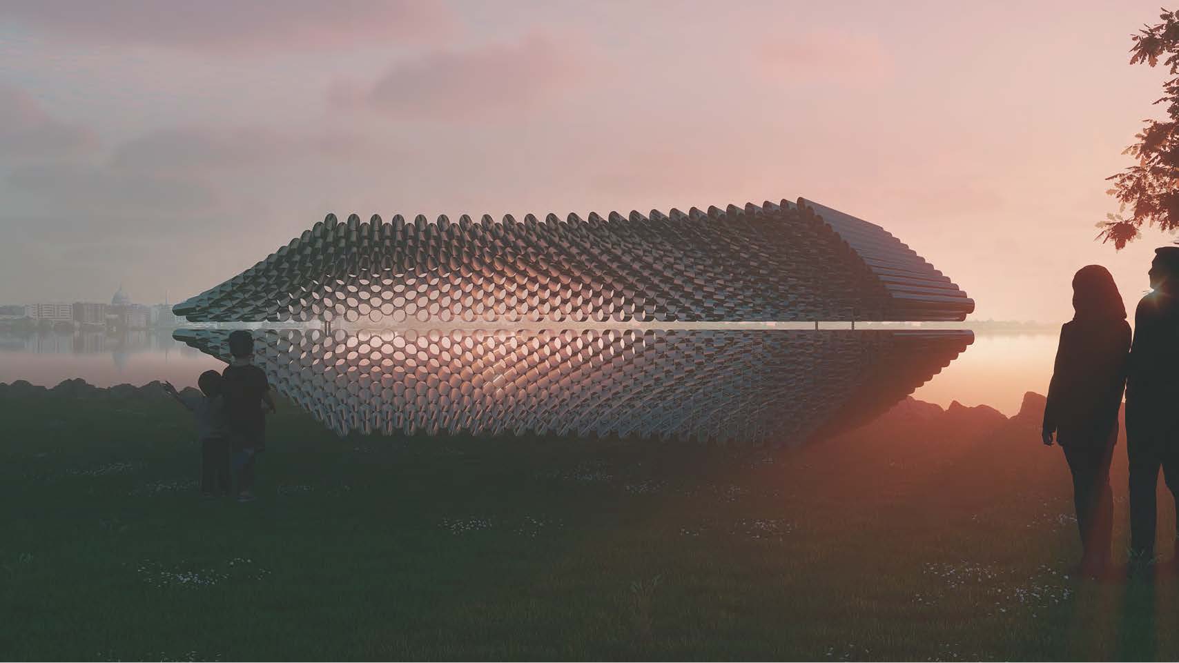 A silver sculpture composed of stainless steel tubes frames the horizon across the lake