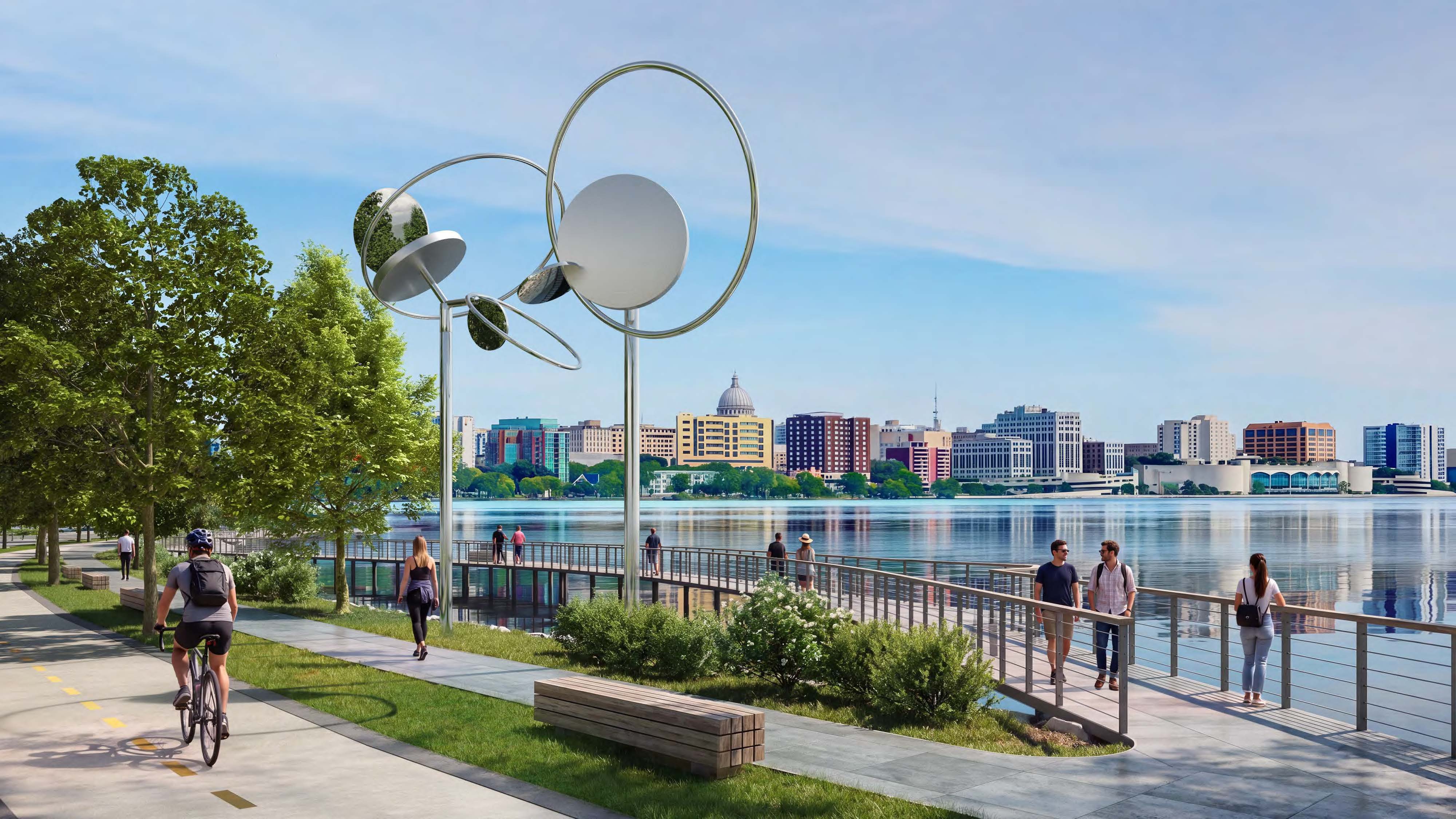 Silver kinetic abstract sculptures along the Monona waterfront