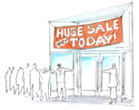 temporary banner attached with string to a store front