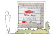 Sign with multiple businesses names stacked together