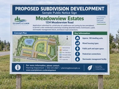 large sign on two wooden staked in front of a field