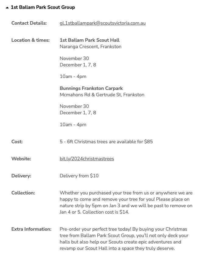 Below is an example from previous years of how your information will be displayed on the website - please answer the following questions with this in mind.<br><br>Please keep in mind that the website is being updated to sort by suburb for 2026, and may mean some changes in the display of Group information.