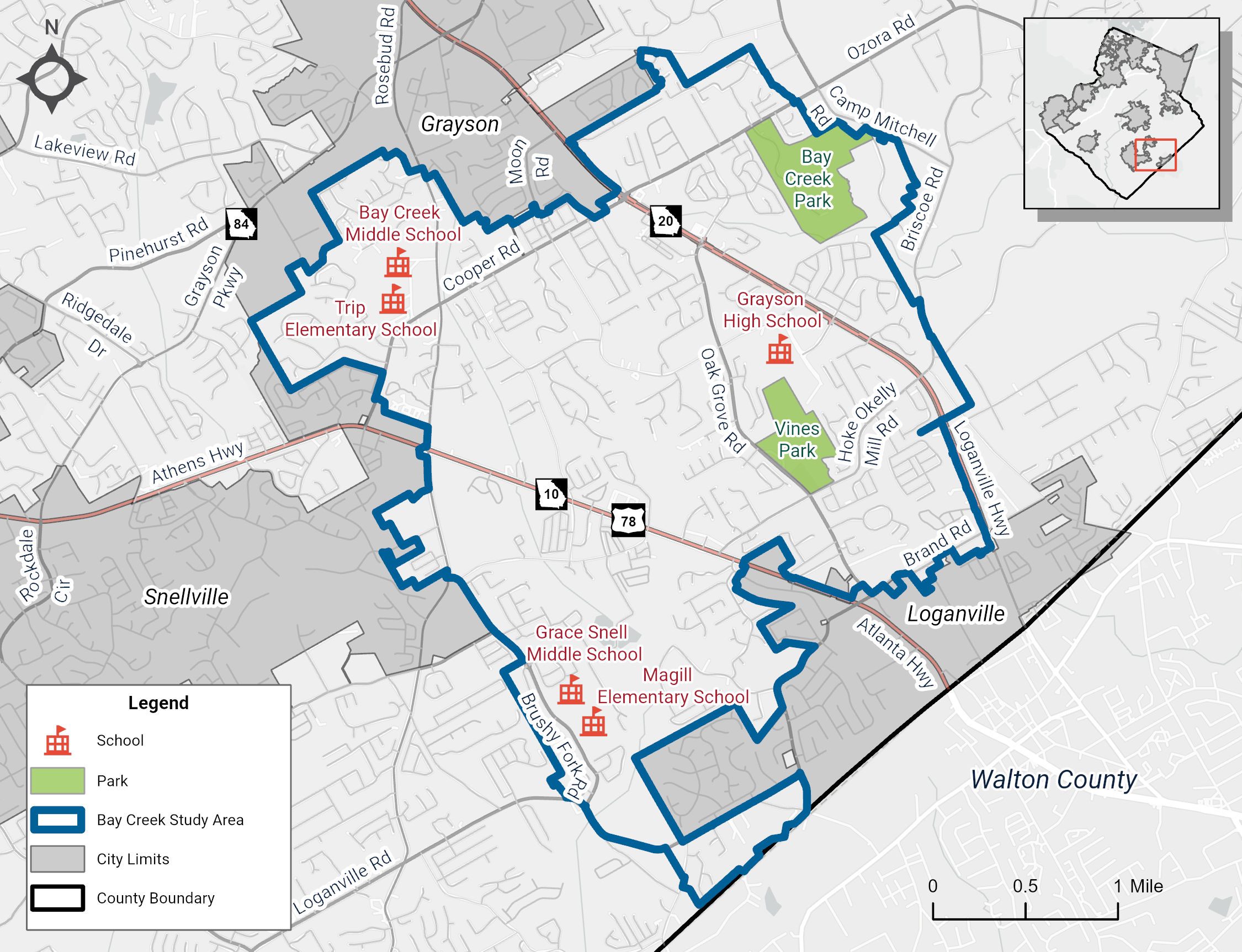 A map of Gwinnett County, highlighting the Bay Creek Small Area Plan study area (located generally between Snellville, Loganville, and Grayson)