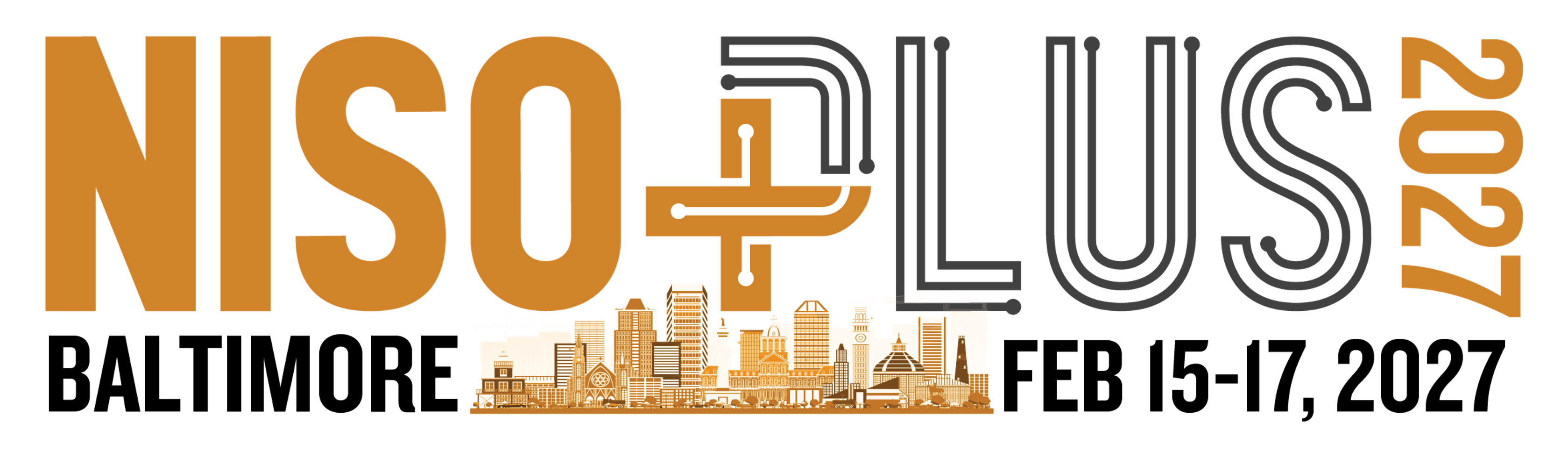 NISO Plus 2027 Baltimore logo February 15–17, 2027 with Baltimore skyline