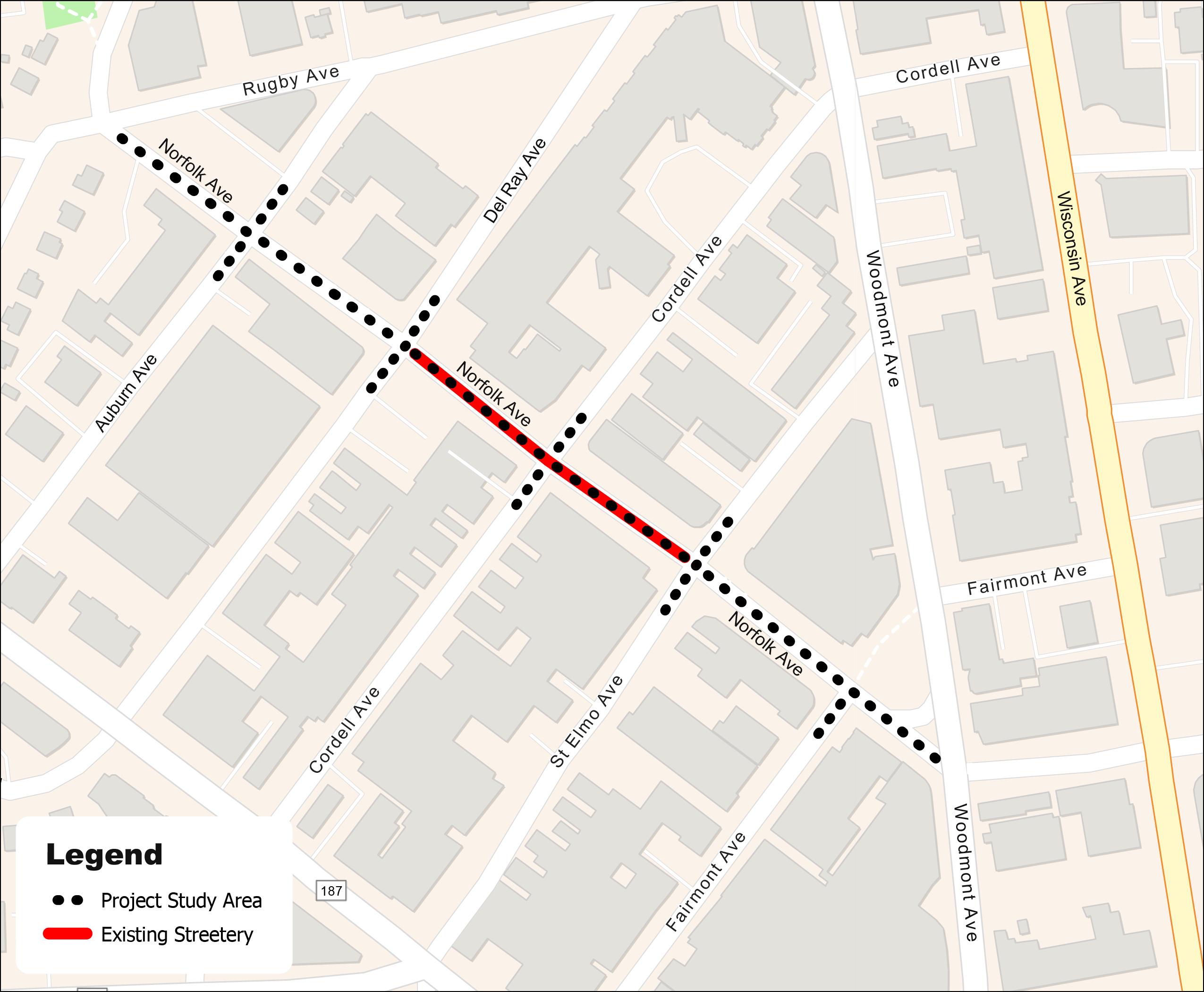 The map shows that the Norfolk Avenue Streetery currently exists between Del Ray Avenue and St. Elmo Avenue, and that the study area is composed of Norfolk Avenue between Rugby Avenue and Woodmont Avenue. The study area also includes portions of Auburn Avenue, Del Ray Avenue, St Elmo Avenue, and Fairmont Avenue.