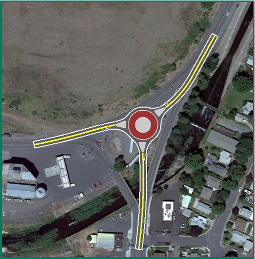 Roundabout design option overlaid on an aerial image of the US 195 and SR26 interchange.