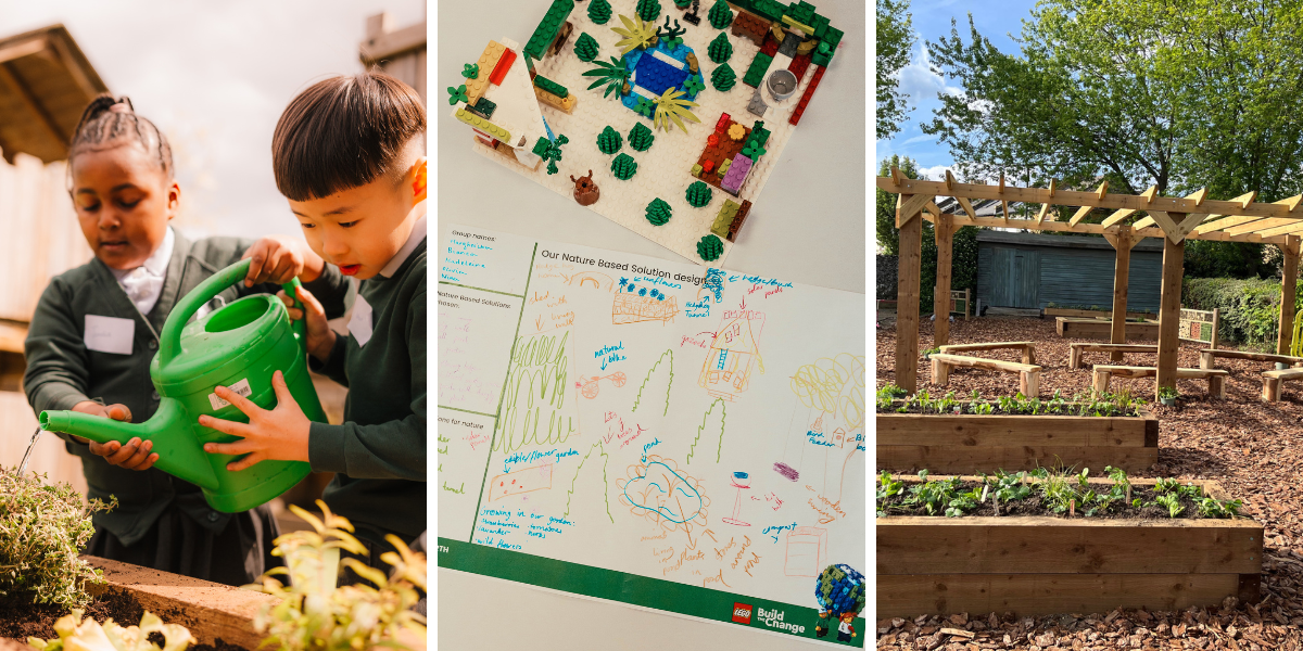 Images of pupils taking part in Green Earth Schools, watering a garden and building designs with LEGO.