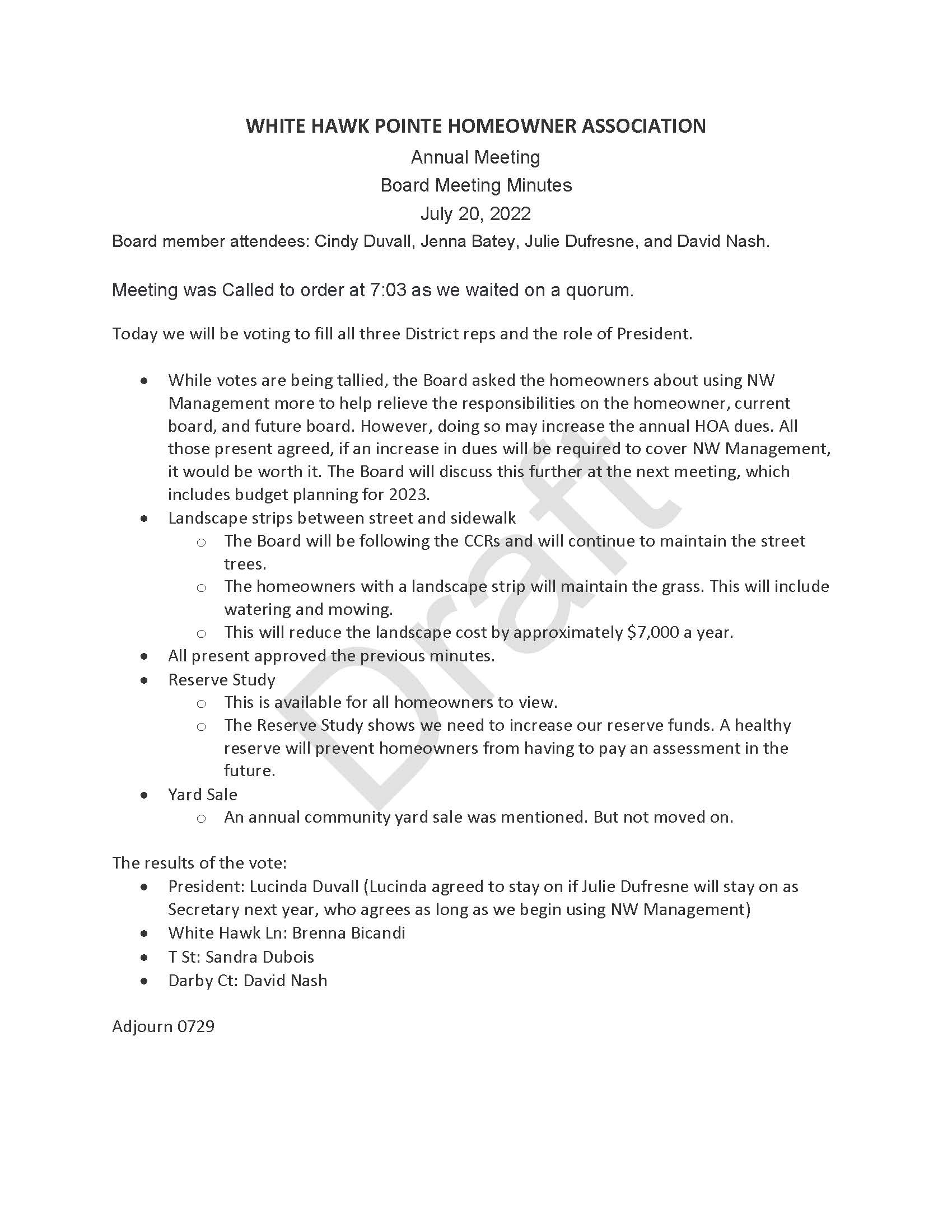 White Hawk Pointe HOA Elections & Minutes Survey