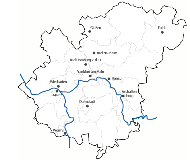 Die Metropolregion erstreckt sich über große Teile von Hessen, den Landkreisen Mainz, Mainz-Bingen, Worms und Alzey Worms in Rheinladn-Pfalz, sowie den Landkreisen Aschaffenburg, und Miltenberg in Bayern.