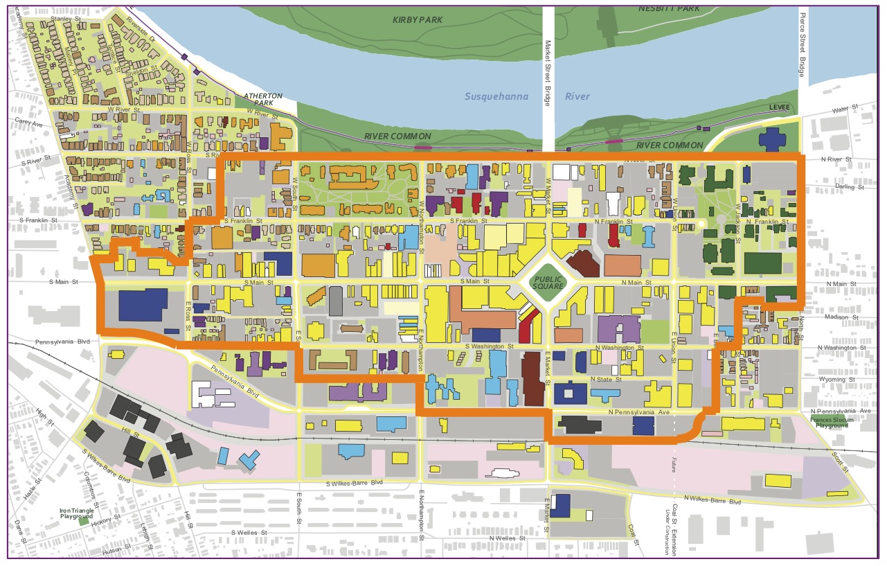 For the purposes of this survey, "<strong>Downtown Wilkes-Barre</strong>" is defined as the area generally bounded by North Street, Ross Street, Wilkes-Barre Boulevard, and the Susquehanna River - most of the area shown in color on the map below. The boundary of the Downtown Wilkes-Barre Business Improvement District, which includes Downtown's commercial core and the King's College and Wilkes University campuses, is outlined in orange on the map.