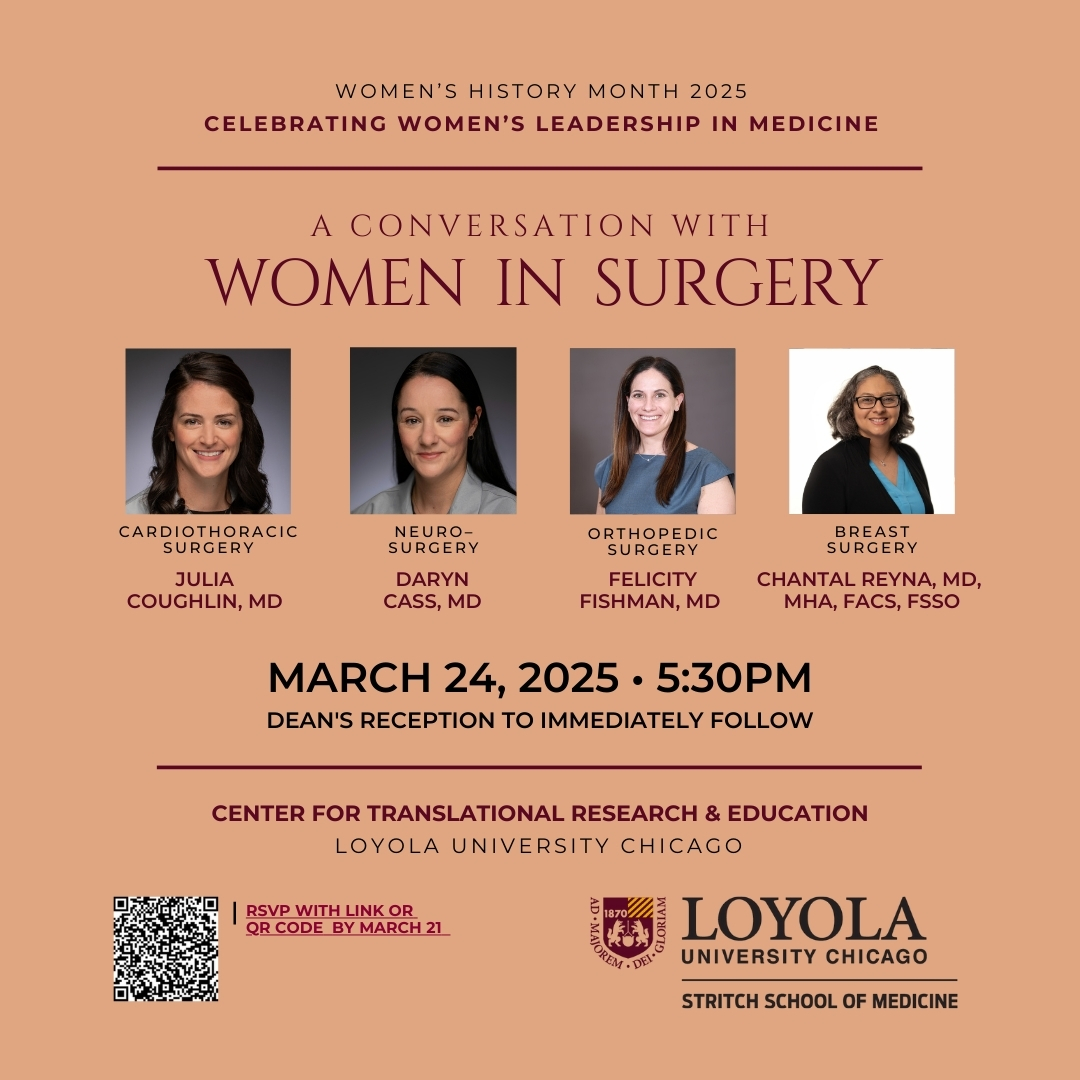 Graphic flier for the 2025 Women in Surgery panel and community reception