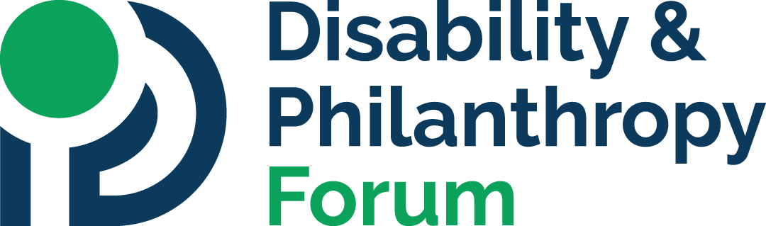 Disability Philanthropy Forum logo.  Gr;een circle in upper left corner. Surrounding the circle, thick blue lines depicting a stylized letter D and P.  To the right of the logo the words Disability & Philanthropy in dark blue above the word Forum in green
