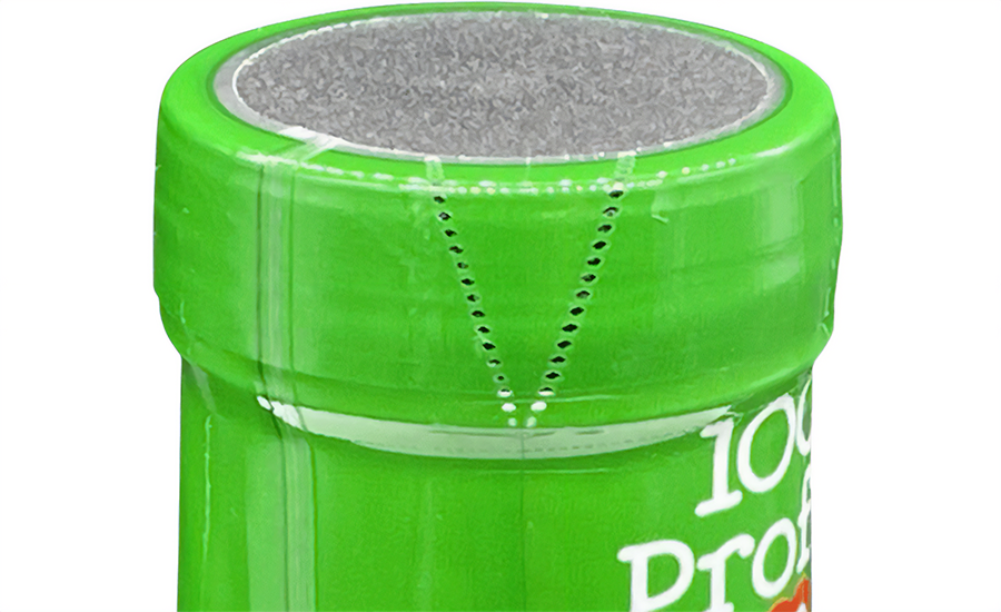 A bottle wrapped in perforated shrink wrap - the type which has a dotted line for you to tear