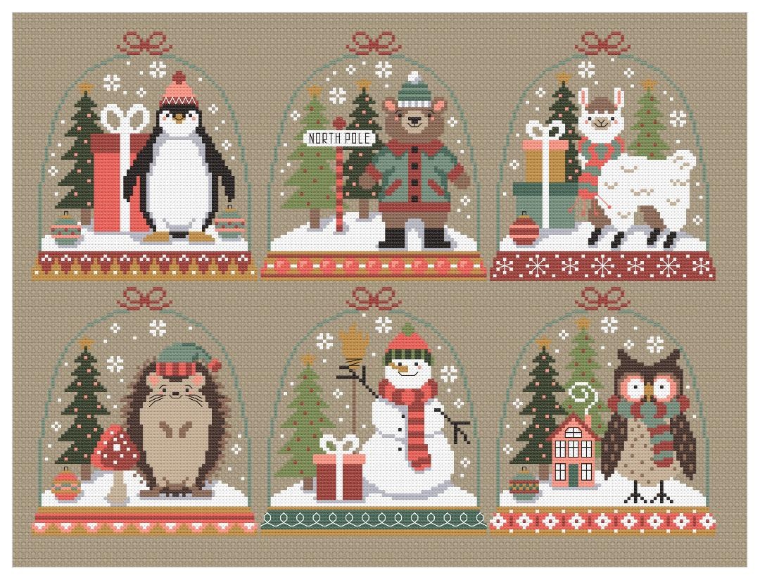 WINTER FOREST SNOWGLOBES by The Tiny Modernist - EXCLUSIVE series for Crazy Annie's Stitchin<br><br>there are the 6 designs in this series and will ship monthly starting July 2025. This photo is a digital rendering and shows you what they would look like on a darker fabric if you prefer. Models are stitched on 28ct Mushroom/Light Taupe Lugana by Zweigart.<br><br>These are meant to be stitched individually - we put them all in one photo so you could see them all at once.