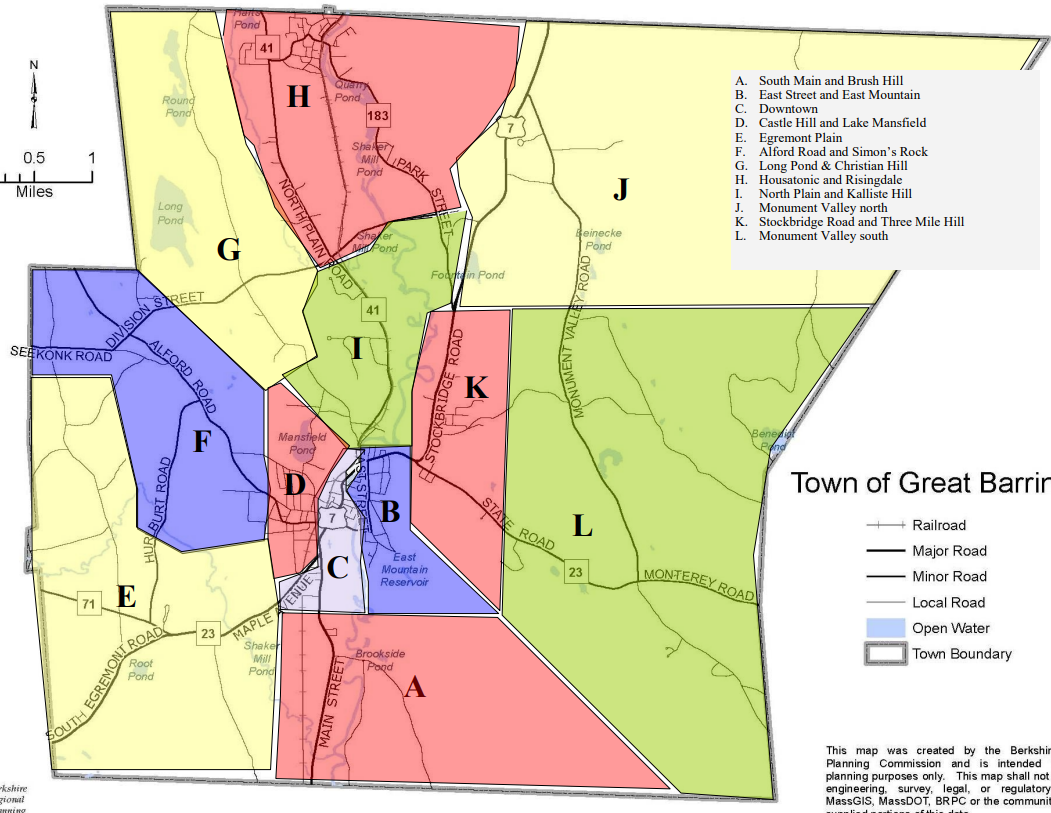 Each area on the map is different neighborhood defined by Great Barrington's 2013 Master Plan