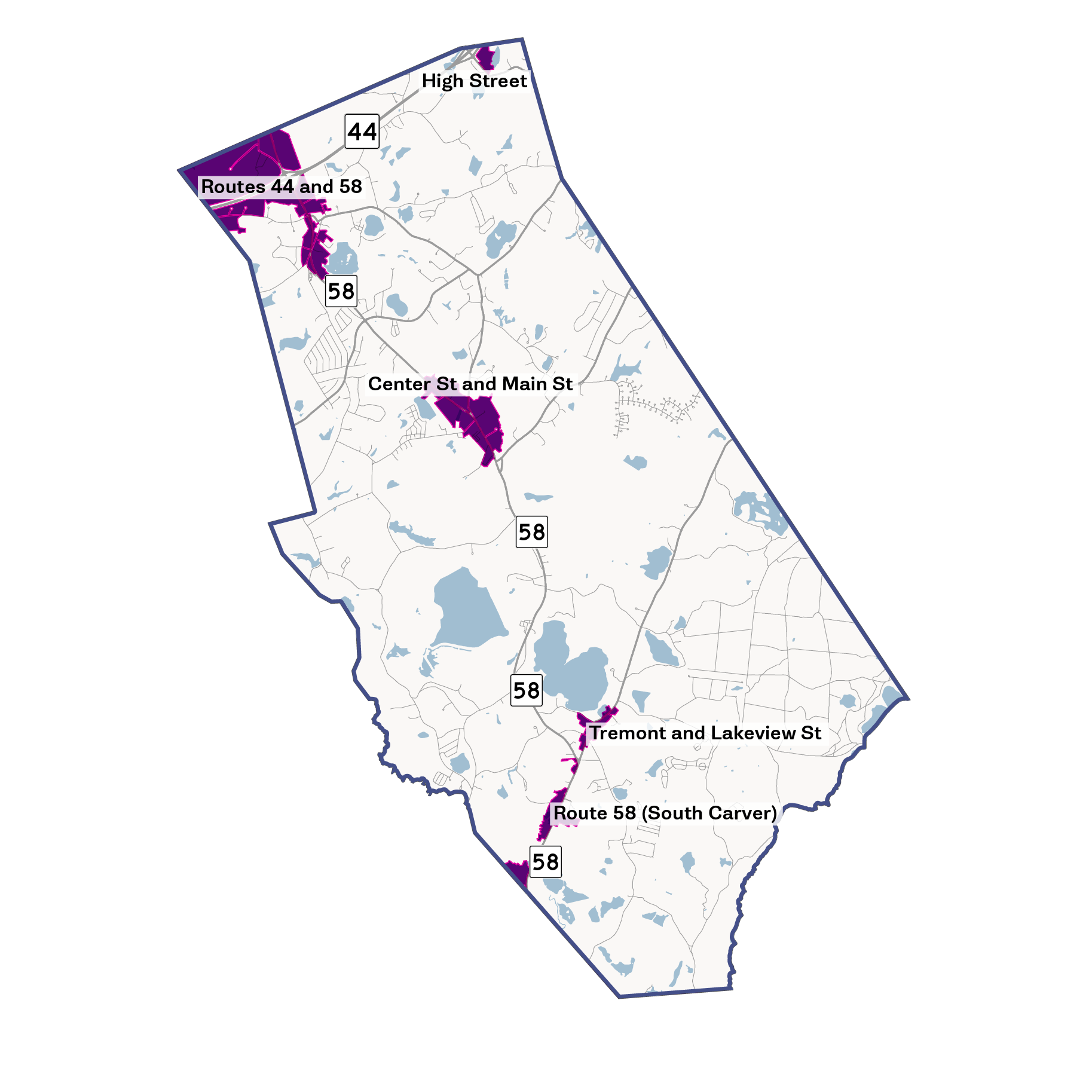 Map of Carver, MA with development areas labeled.