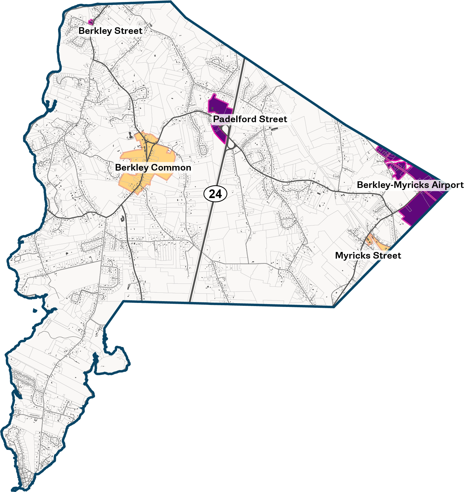 Map of Berkley, MA with development areas labeled.