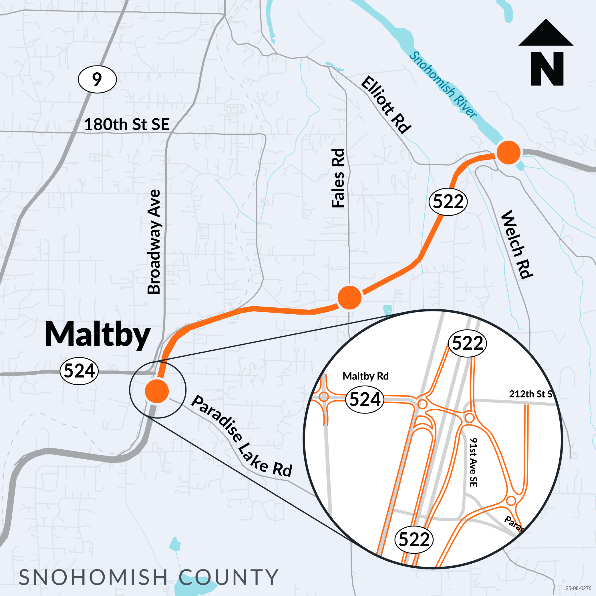 A map of State Route 522, with an inset showing the new roadway alignments for the Paradise Lake Road interchange.