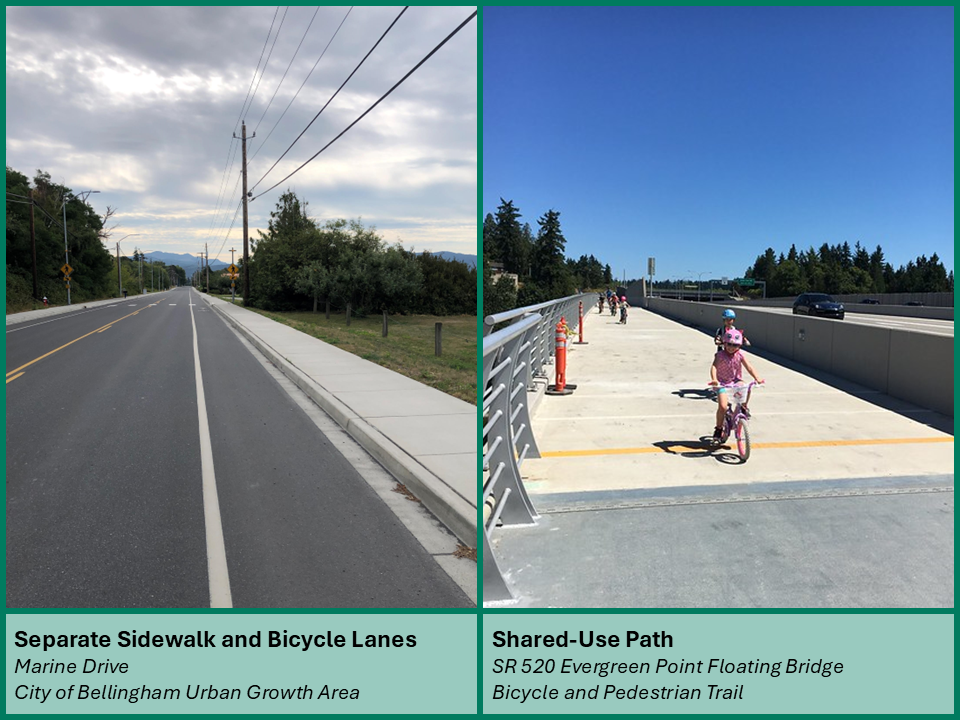 split image depicting separate sidewalk and bicycle lanes on the left and a shared-use path on the right.