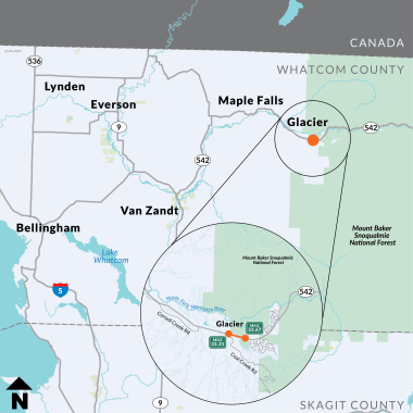 Map of northwest  Washington state with a zoomed-in circle depicting the vicinity of the Glacier Bridge