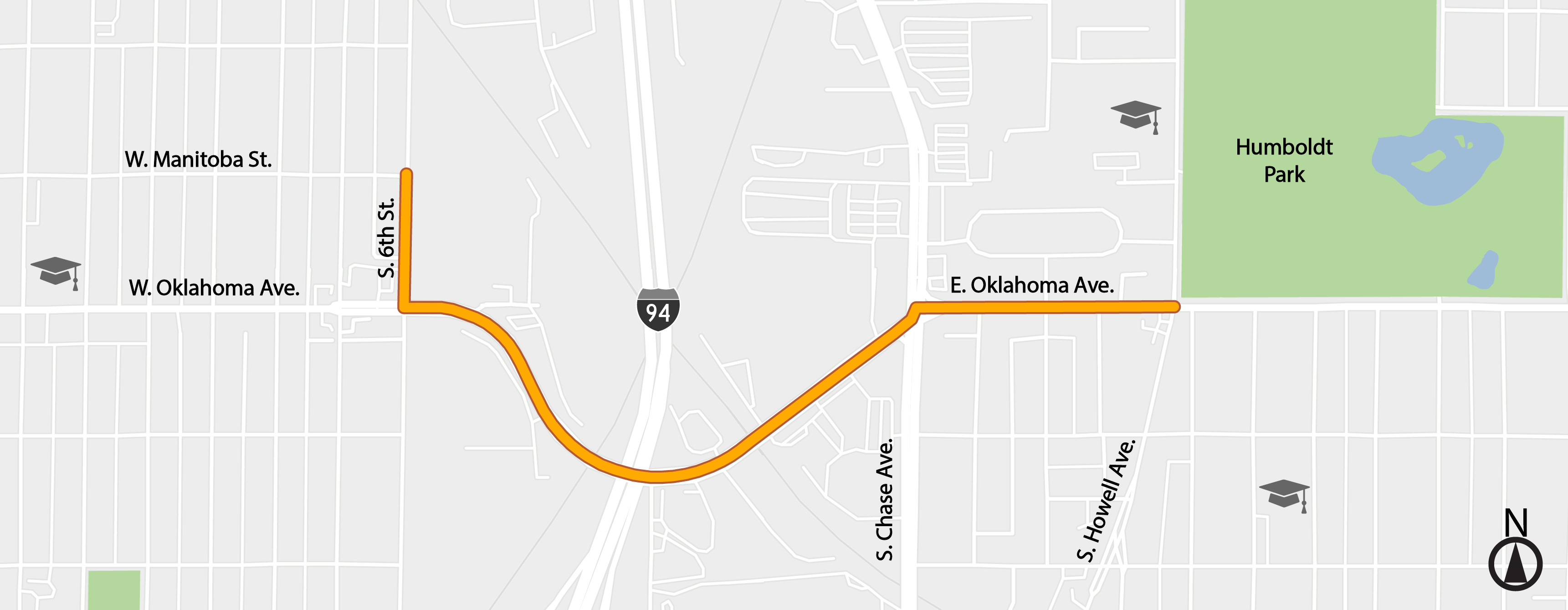 Map highlighting the project corridor along S. 6th Street and W./E. Oklahoma Avenue