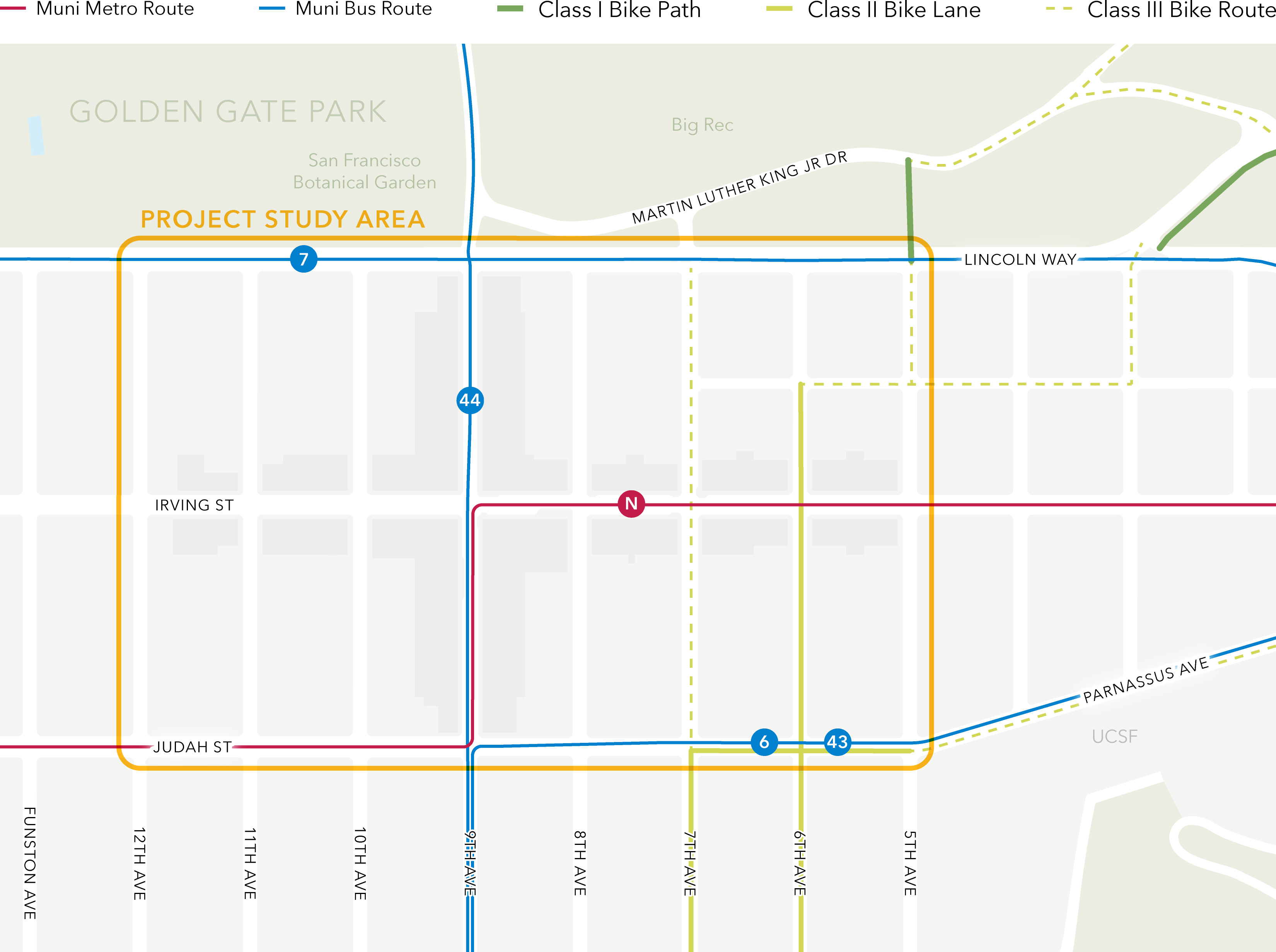 A map of the project study area (bounded by Lincoln Way, 5th Avenue, Judah Street, and 12th Avenue), which aligns with the Inner Sunset commercial core