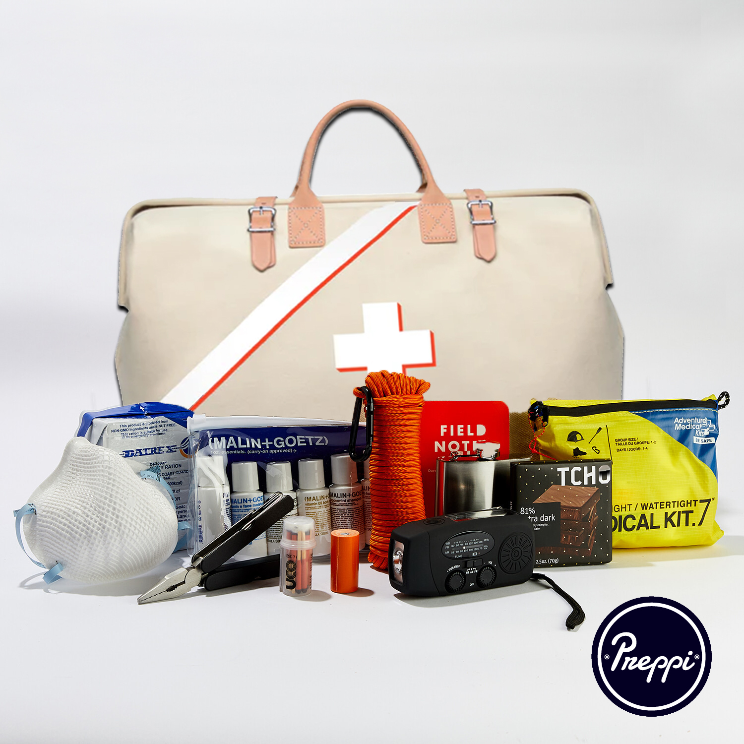 Preppi 3-day emergency kit featuring a canvas travel bag with leather accents.