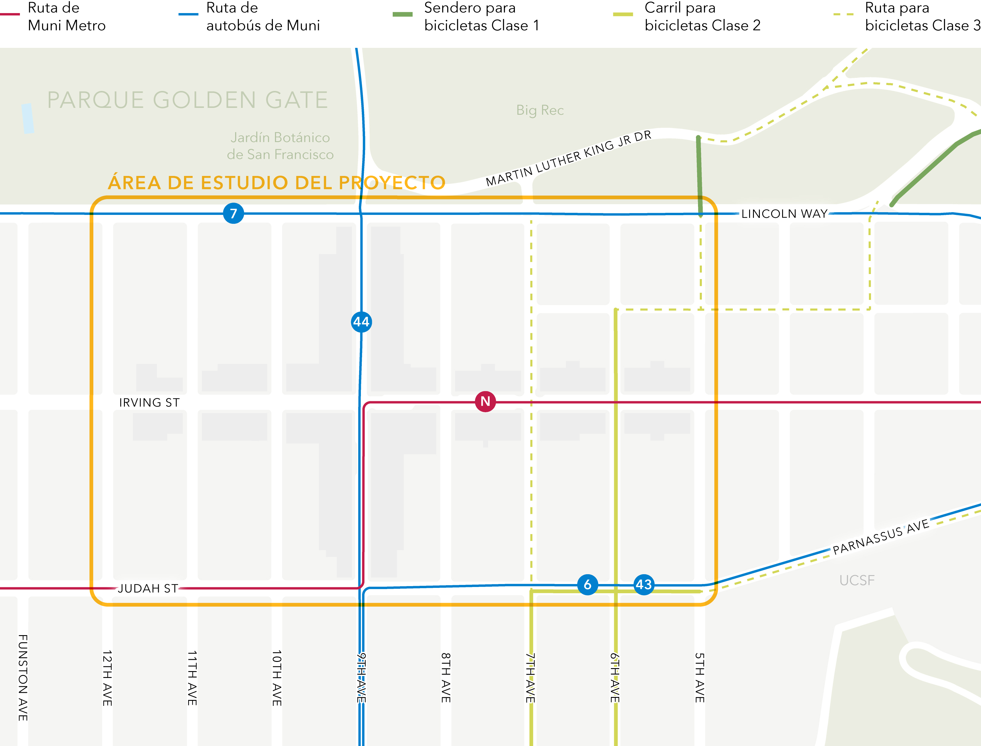Un mapa del área de estudio del proyecto (que tiene como límites a Lincoln Way, 5th Avenue, Judah Street y 12th Avenue), que se alinea con el corazón comercial de Inner Sunset