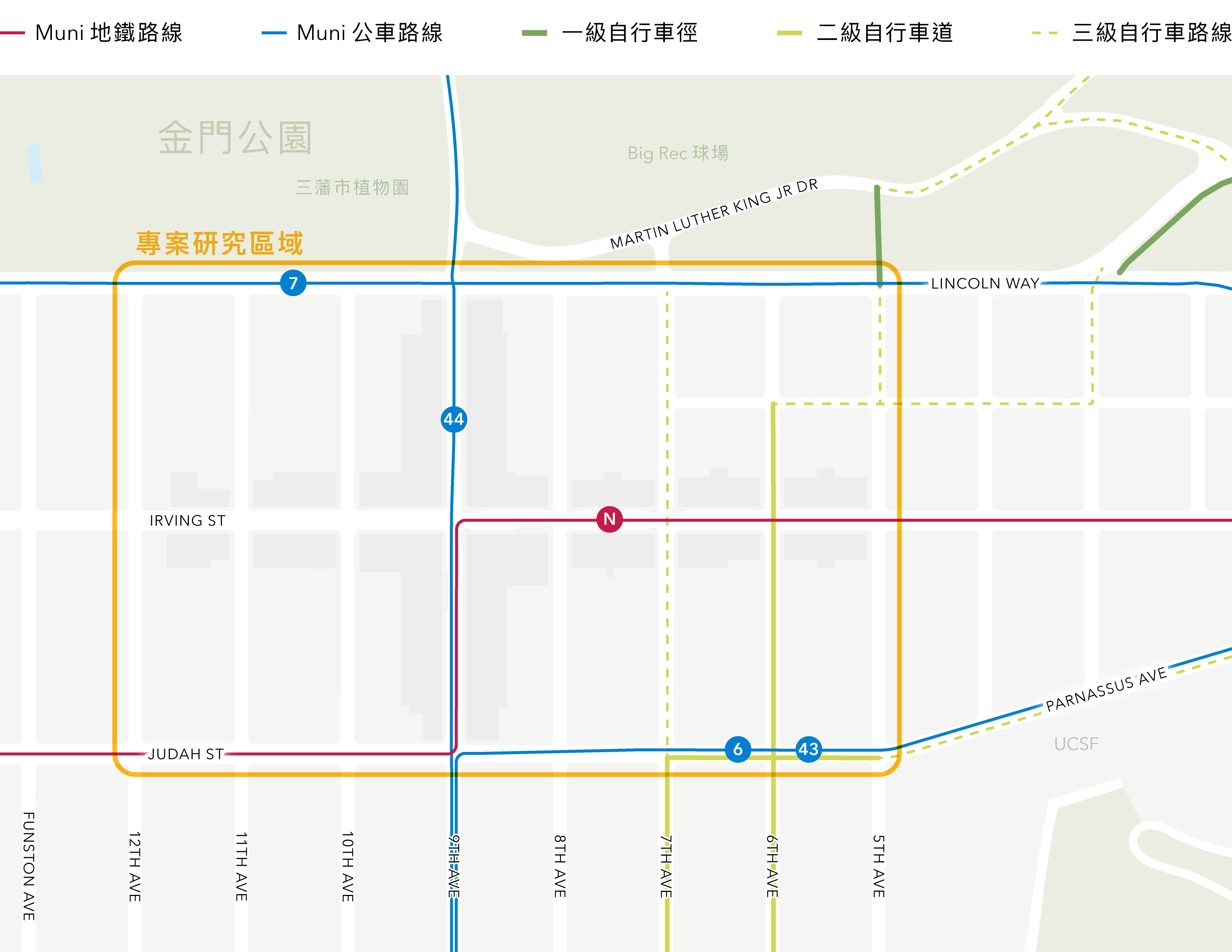 專案研究區域（以Lincoln Way、第五大道、Judah街及第十二大道為界）地圖，與內日落商業核心區範圍一致。