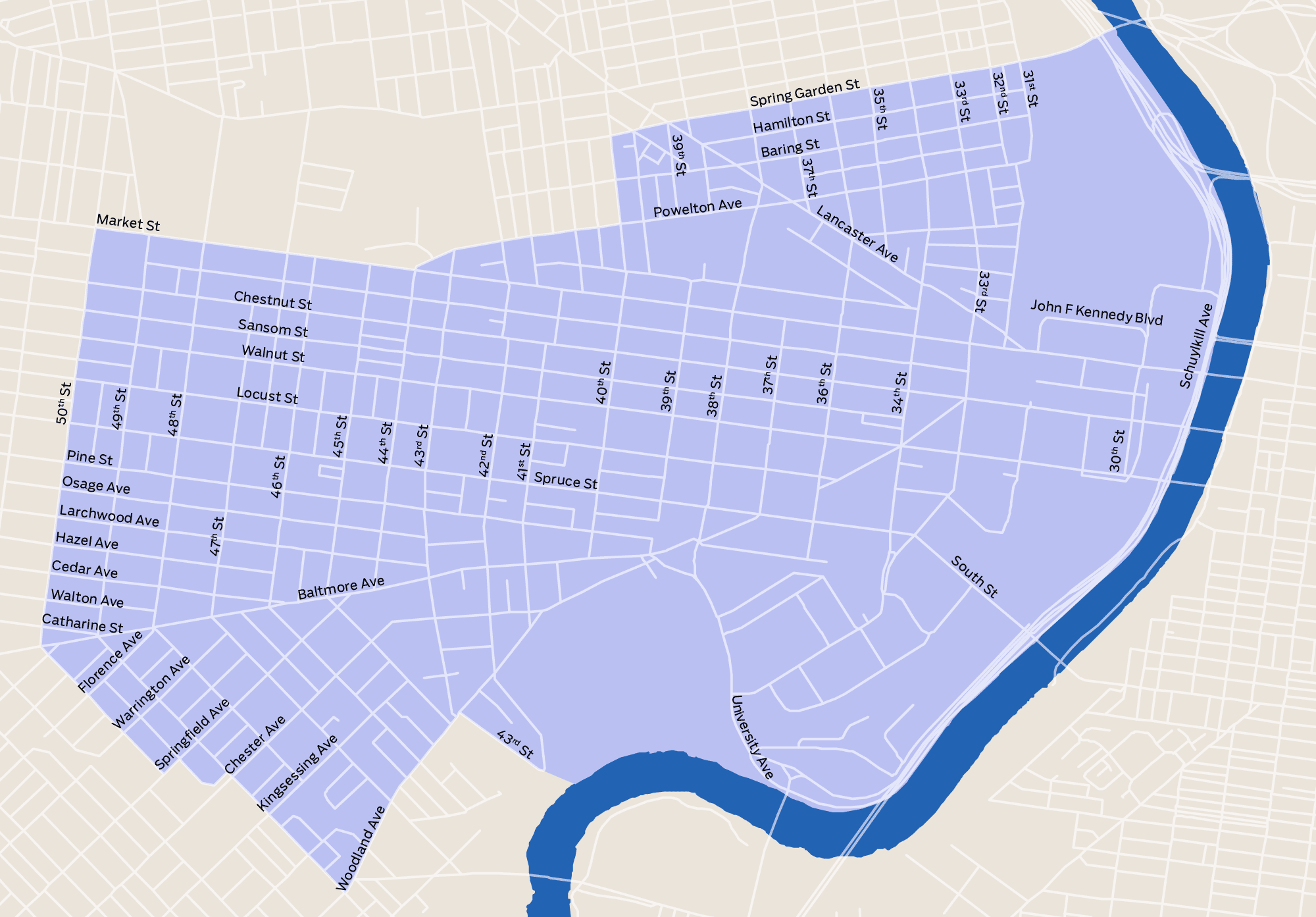 The boundary of University City, highlighted in blue.