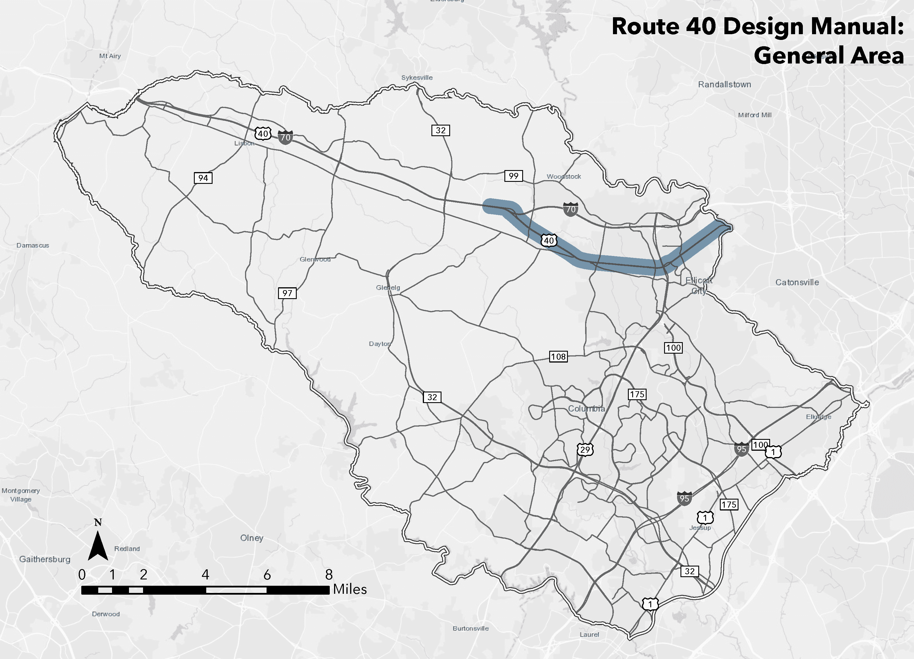 <em>Map of Route 40 with fuzzy &frac12; mile buffer from each roadway</em>