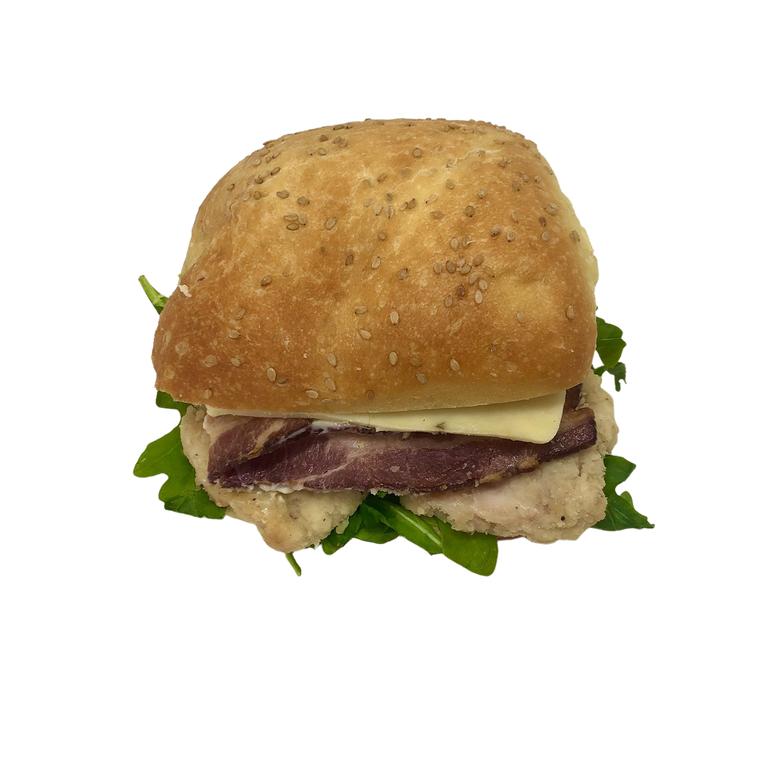  Breaded chicken, bacon, pepper jack cheese, arugula, mayo on  seeded bread. 