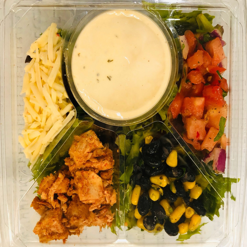  Seasoned grilled chicken, crumbled pepper jack cheese, black beans & corn salsa, pico de gallo, buttermilk  ranch dressing. 