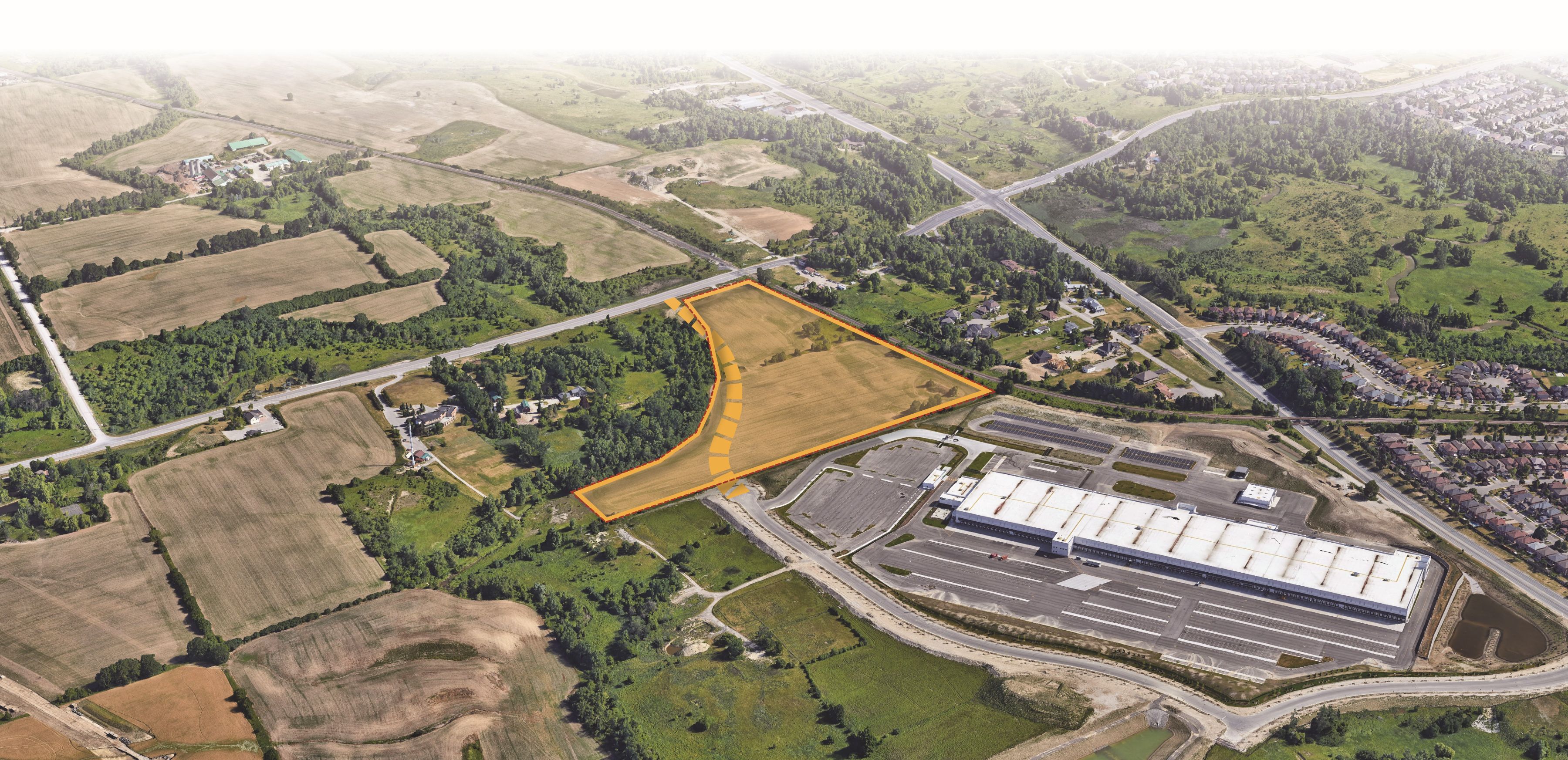 Overlay on satellite image showing the proposed location of Saigon Park, south of Rutherford Road and west of Highway 27.