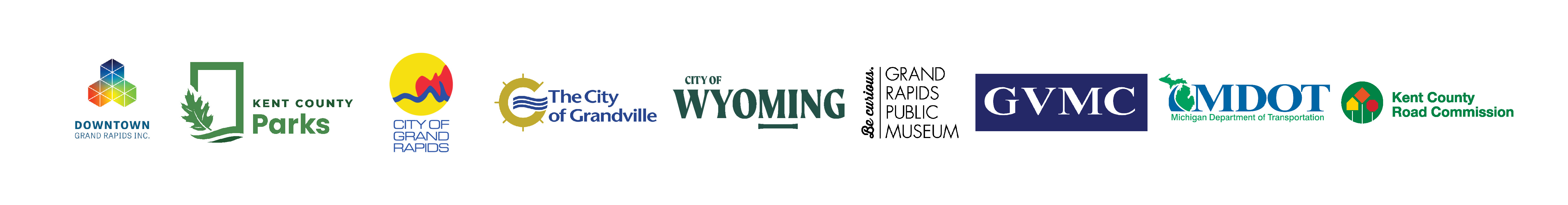 Logos of Project Partners: Downtown Grand Rapids, Inc., Kent County Parks, City of Grand Rapids, City of Grandville, and the City of Wyoming, the Grand Rapids Public Museum, Grand Valley Metro Council, Michigan Department of Transportation, and the Kent County Road Commission