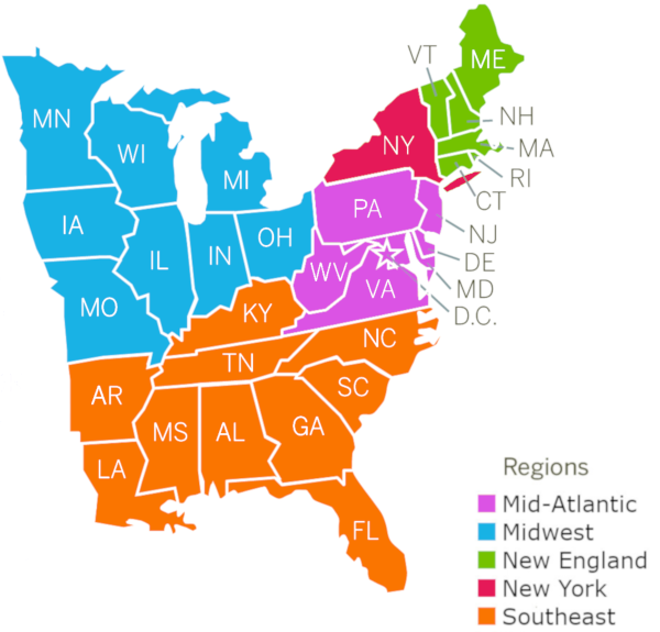 Map of the Land Trust Alliance's Eastern Division states, also listed above.