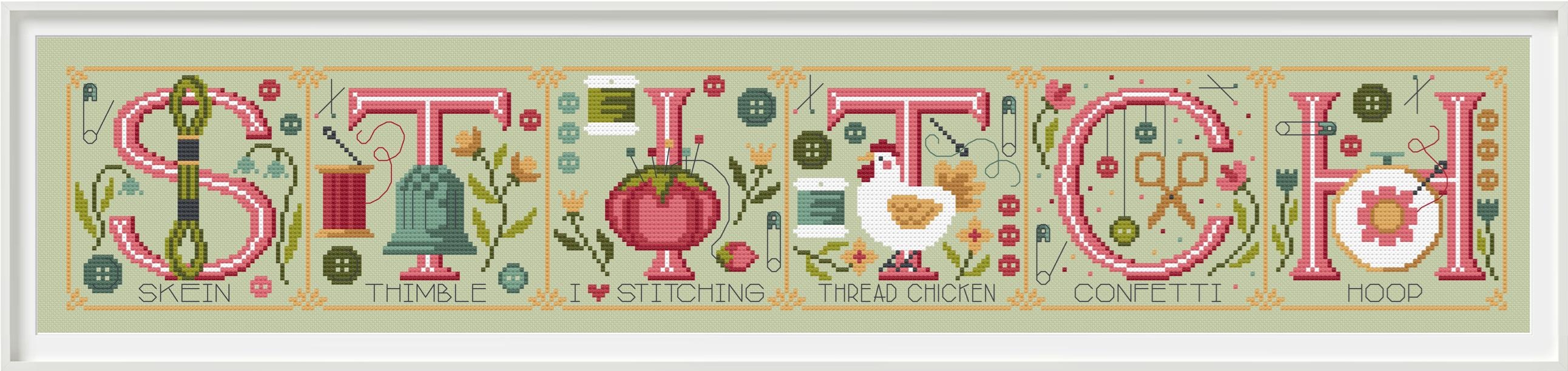 THE STITCH LIFE shown stitched in a horizontal layout - stitch count 337w x 57h - approx 4" x 24" design area when stitched on 28ct/14ct fabric