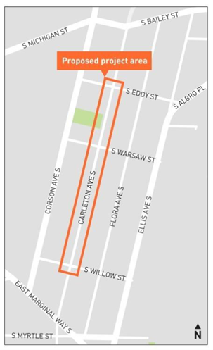 Map with an orange rectangle around Carleton Ave S, between S Eddy St and S Willow St labeled "proposed project area"