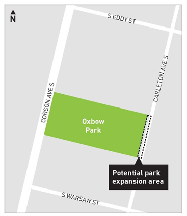 Map with a black dotted rectangle on Carleton Ave S next to Oxbow Park labeled "potential park expansion area"