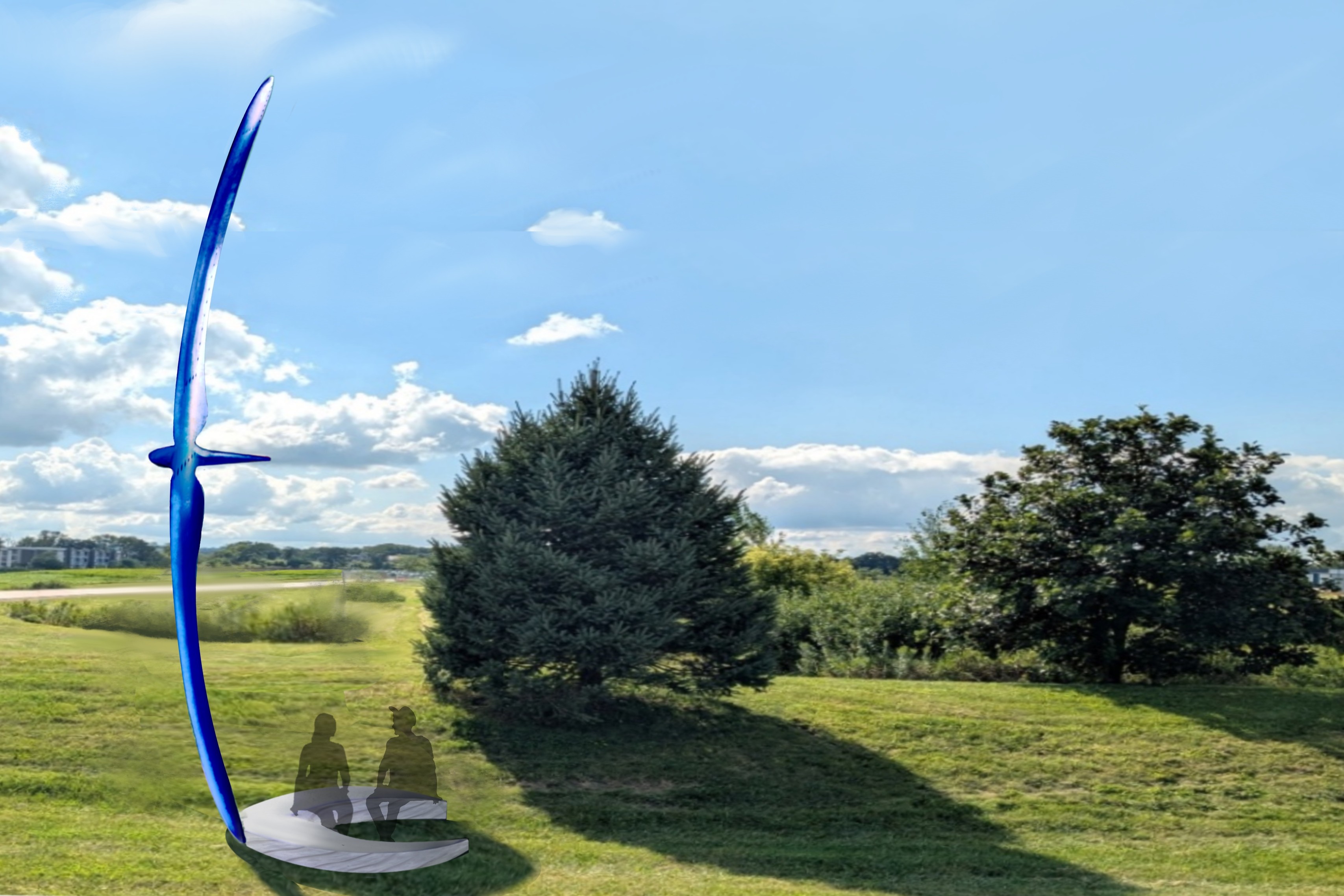 Sculpture of a blue bird with a wing touching a bench, two figures sit on the bench.