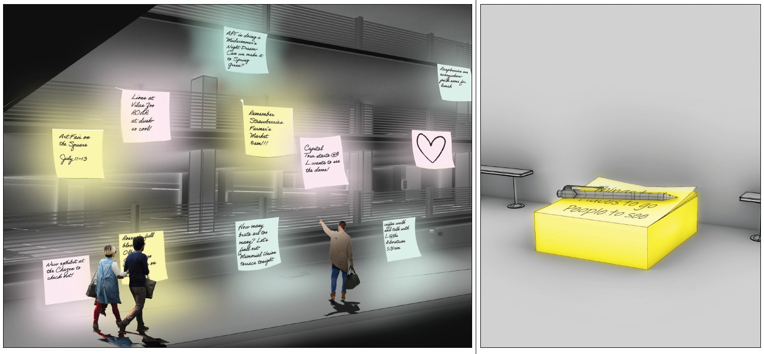 Oversized post-it notes with descriptions of activities in Madison cover the wall of the parking garage. A note pad with a ped forms a bench