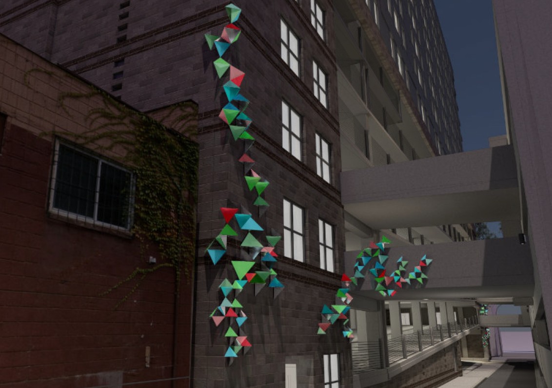 Colorful trapezoids representing fractals cover the wall of the parking garage