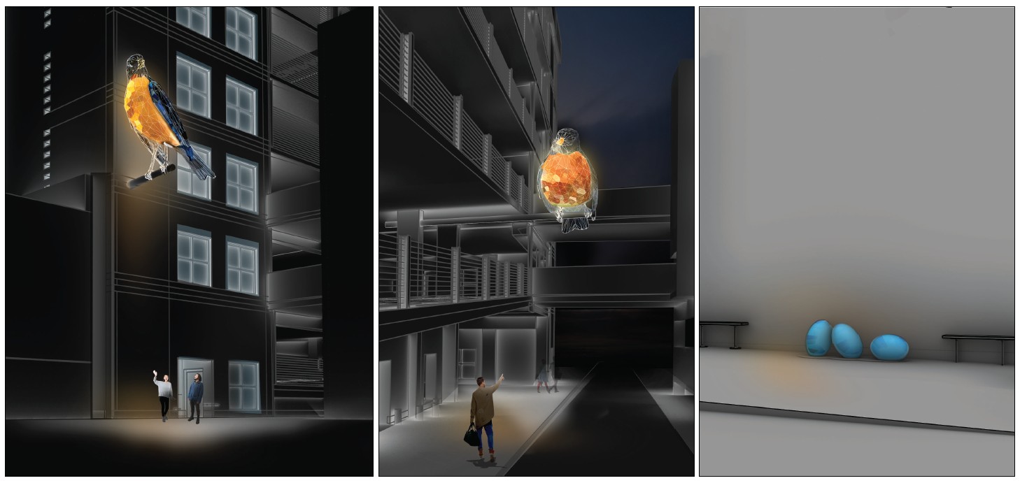 Two sculptures of robins sit on perches in the alleyway. A set of robins egg benches sit between benches. 