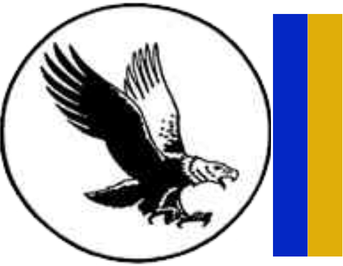 black and white eagle flies right through circle. gold and blue bars show colors