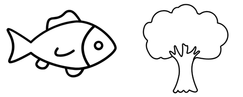 This image has two black icons in it. On the left there is a fish. On the right there is a tree.