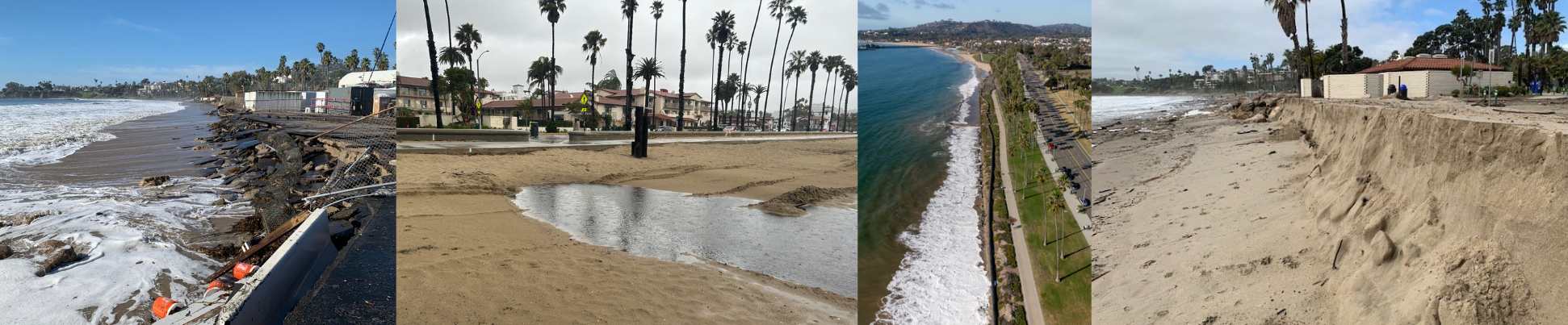 Serie de fotograf&iacute;as que muestran los da&ntilde;os a lo largo de la costa de Santa B&aacute;rbara causados por grandes olas, inundaciones y erosi&oacute;n (el estacionamiento del puerto desmoron&aacute;ndose hacia la playa, escorrent&iacute;a de aguas pluviales afectando West Beach, marea alta en East Beach y erosi&oacute;n en Leadbetter Beach).