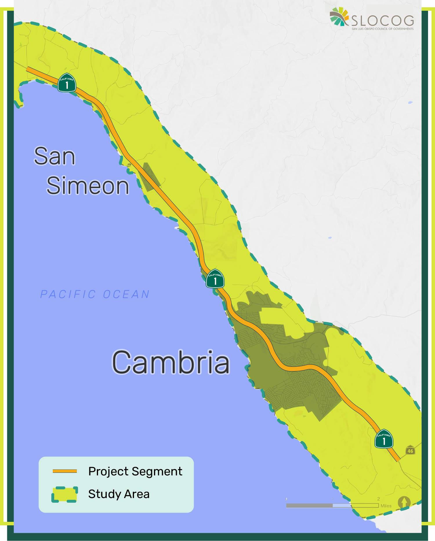 This map shows the area being studied. It spans 12 miles of Highway 1 from just north of San Simeon to just south of Cambria.